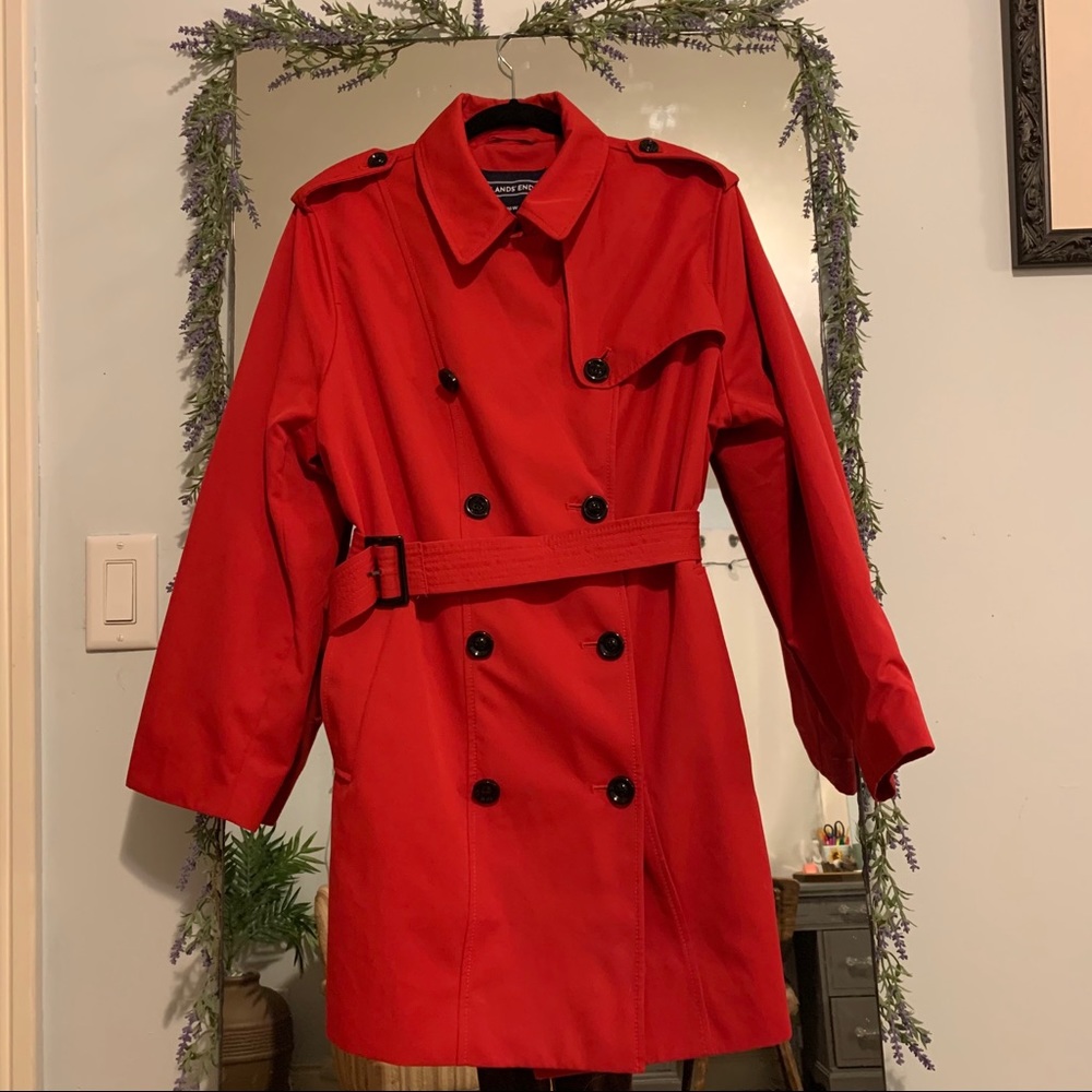 Lands’ End Red Trench Coat Black Buttons Size 16W